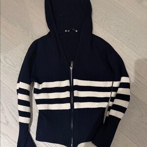 Zara Navy and Cream Striped Zip Hoodie Sweater